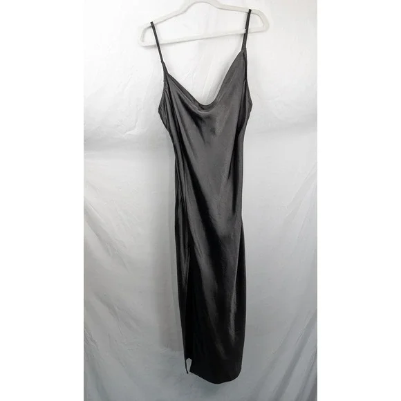 Y2K Whimsigoth Satin Cowl Neck Maxi Slip Dress Sz M Black Dark Romantic Leg Slit - Picture 2 of 11